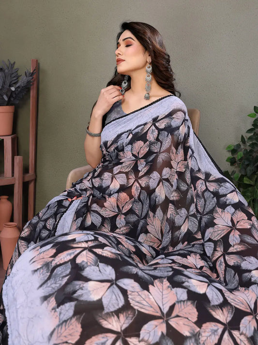 Chic Leaf Print Georgette Saree in Black and Grey PEHRAAVA