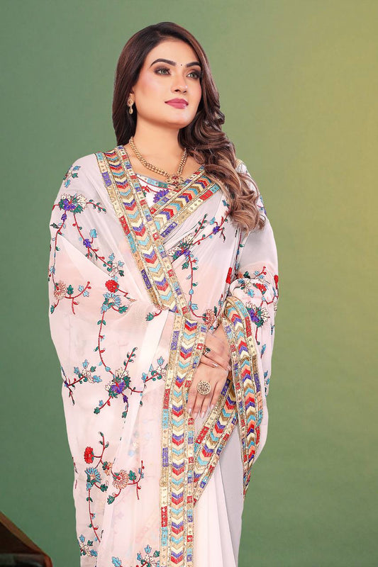 Artistic White Saree with Multi-Color Floral Embroidery