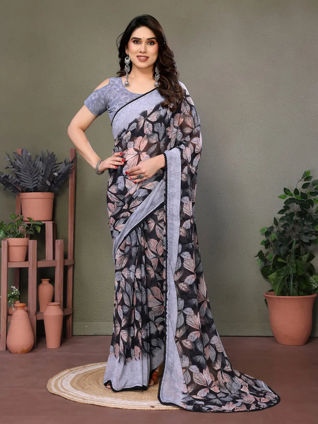 Chic Leaf Print Georgette Saree in Black and Grey PEHRAAVA