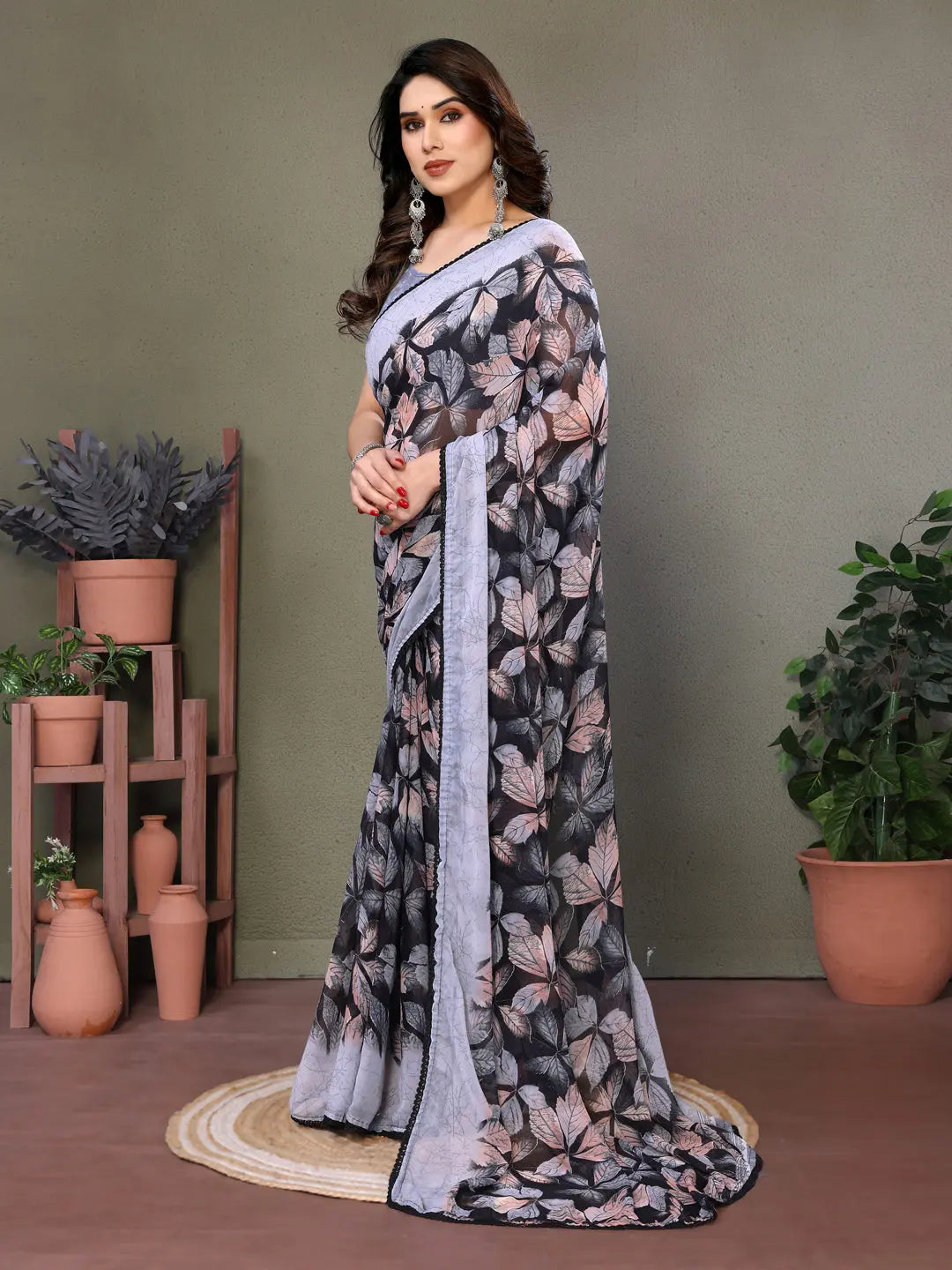 Chic Leaf Print Georgette Saree in Black and Grey PEHRAAVA