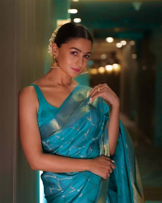 Alia Bhatt Inspired Premium Designer Silk Saree in Teal