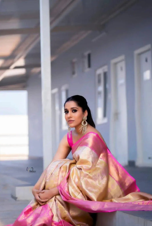 "Golden Radiance Saree with Royal Pink Border" - PEHRAAVA