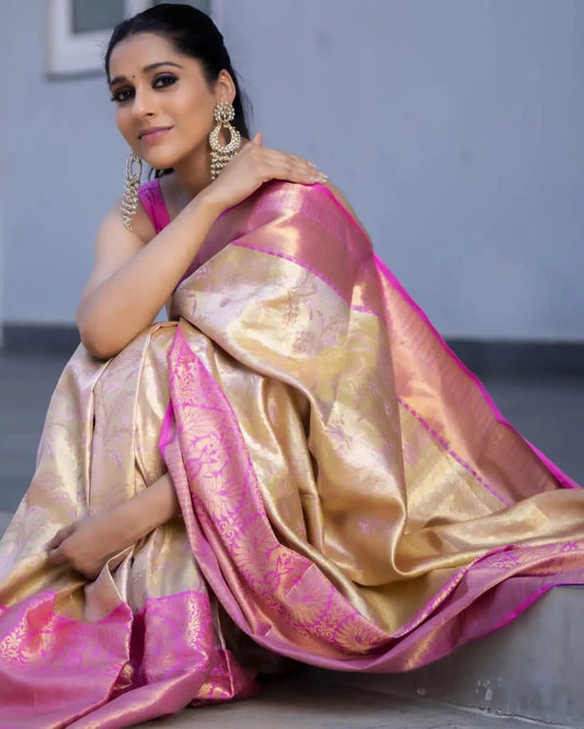 "Golden Radiance Saree with Royal Pink Border" - PEHRAAVA