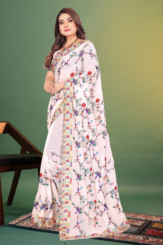 Artistic White Saree with Multi-Color Floral Embroidery